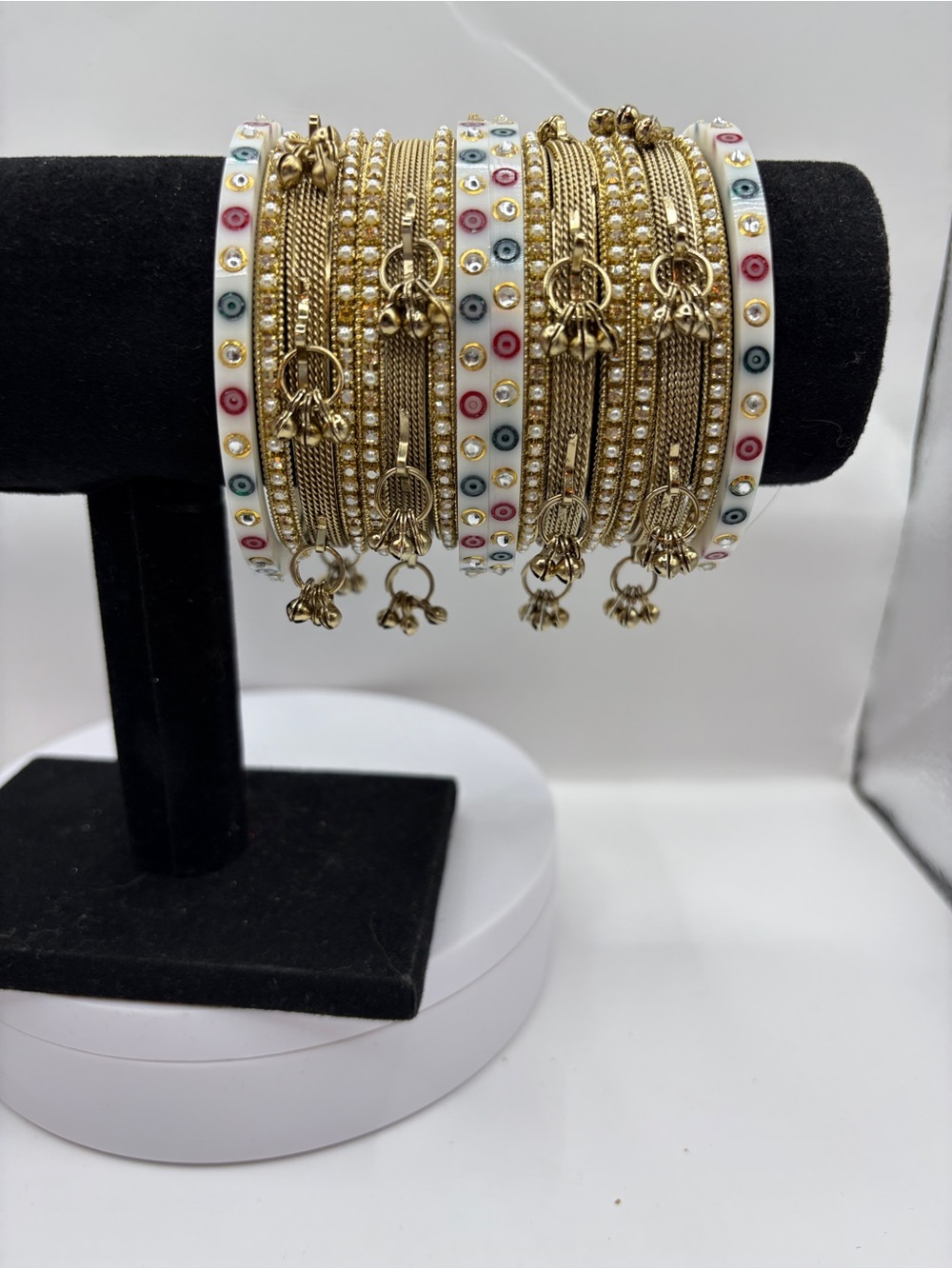 Desi Kundan White Multi Color Bangles and Gold Bangle Set With Hanging Ghungroo